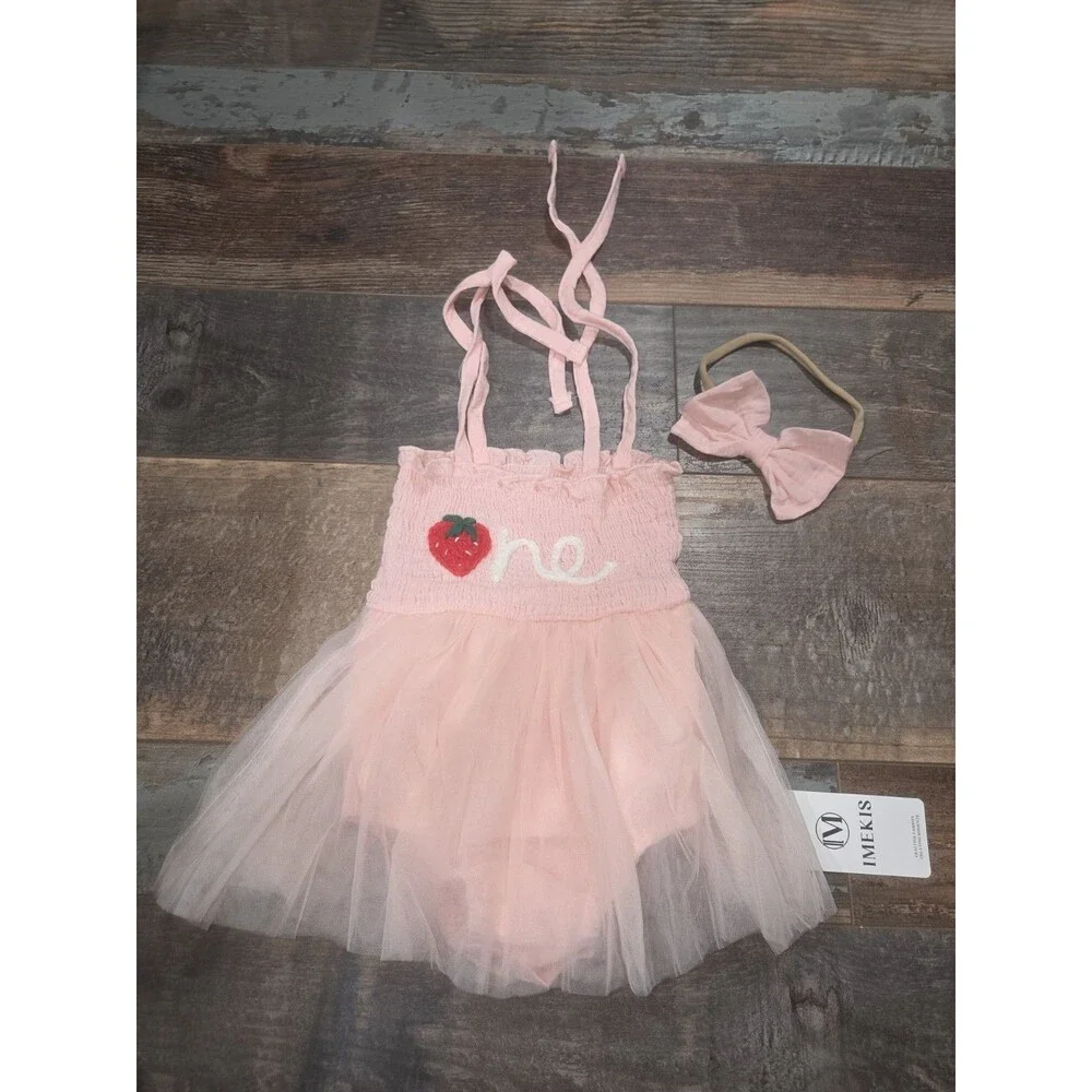 Girls 1st Birthday Pink Strawberry Tulle Dress 12-18 Months ONE Strawberry B23